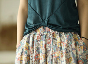 Chân váy retro  lưng thun hai túi chéo in hoa trà - NU6700