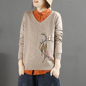 Áo len dệt kim dài tay cổ V in nhành hoa và chim cú - NU7757