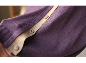 Áo len cổ V dệt kim dài tay phối màu khuy giữa - NU6062