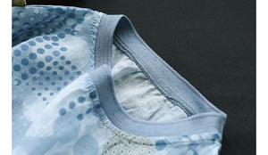 Áo T-shirt linen ngắn tay cổ tròn bo thun in hoa văn - NU7302