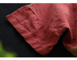Áo T-shirt linen ngắn tay cổ tròn chắp vá mảng màu caro - NU7274