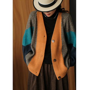 Áo khoác len cardigan dài tay cổ V ba khuy phối màu sắc - NU7783