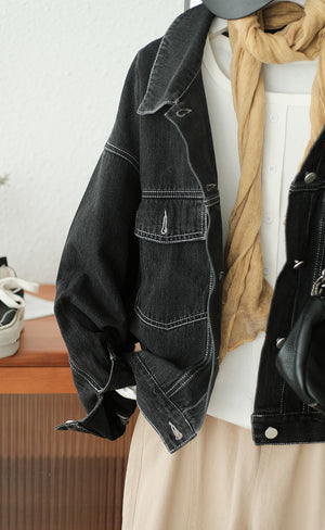 Áo khoác denim dài tay cổ đức hai túi chỉ nổi - NU7706