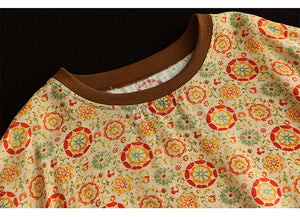 Áo T-shirt linen ngắn tay cổ tròn in hoa lá bo viền - NU6993