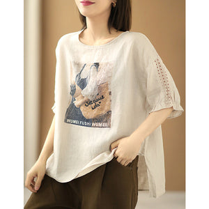 Áo T-shirt linen ngắn tay cổ tròn in cô gái - NU7503