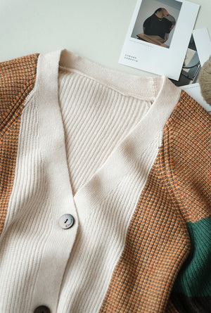 Áo khoác len cardigan dài tay cổ V ba khuy phối màu sắc - NU7783