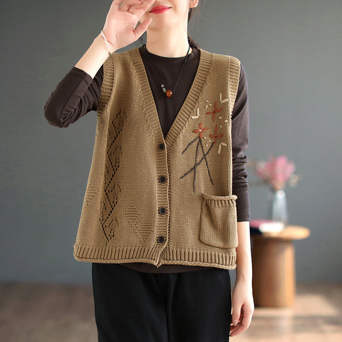 Áo khoác gile len đan cổ V một túi móc hoa lá - NU7750