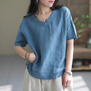 Áo sơ mi linen ngắn tay cổ V một màu - NU6925