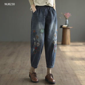 Quần baggy denim lưng thun thêu hoa lá đối xứng chắp vá - NU8230