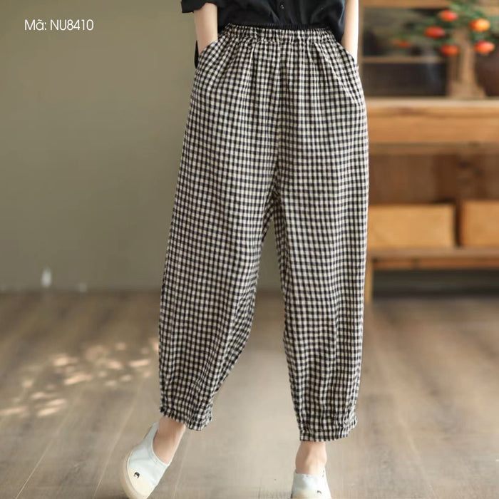 Quần baggy linen lưng thun caro túi khuy bấm - NU8410