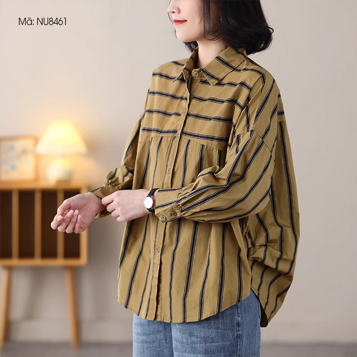 Áo sơ mi linen dài tay cổ đức kẻ sọc vạt mullet hai mảnh - NU8461