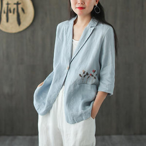 Áo khoác vest linen ngắn tay hai túi thêu nhành hoa - NU7190