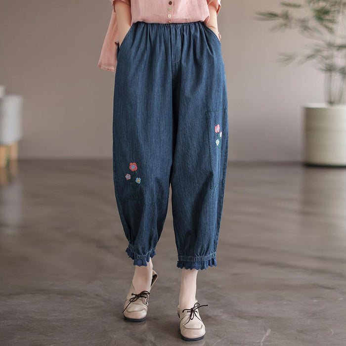 Quần baggy denim thêu hoa gấu thun đính ren - NU7626