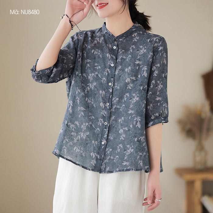 Áo sơ mi linen ngắn tay cổ đứng một khuy tròn in retro - NU8480