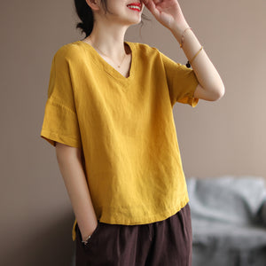 Áo sơ mi linen ngắn tay cổ V một màu - NU6925