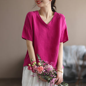 Áo sơ mi linen ngắn tay cổ V một màu - NU6925