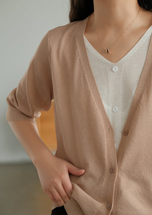 Áo khoác len cardigan dệt kim ngắn tay cổ V hai lớp - NU6589