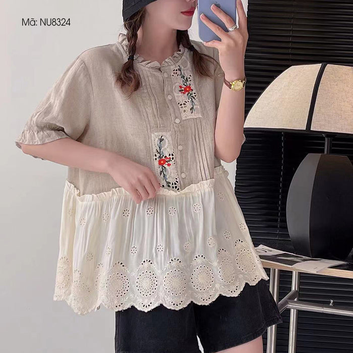 Áo sơ mi linen Morigirl ngắn tay cổ tròn xếp ly kiểu hai tầng - NU8323