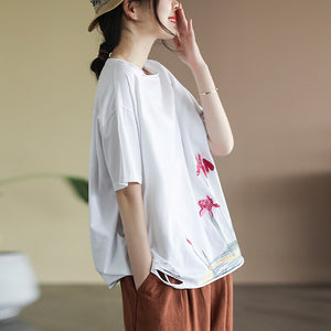 Áo T-shirt ngắn tay cổ tròn thêu hoa trừu tượng - NU8349