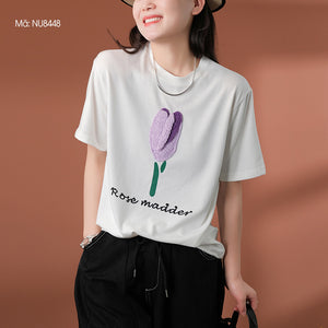 Áo T-shirt ngắn tay cổ tròn thêu hoa tulip - NU8447
