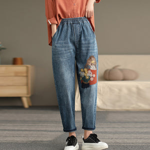 Quần baggy denim lưng thun thêu cô gái bên giỏ hoa - NU7429