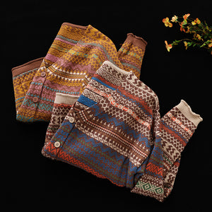 Áo khoác len dệt kim dài tay cổ V hoa văn thổ cẩm - NU7793