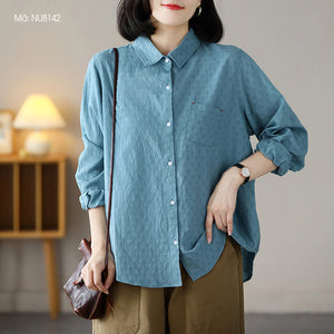 Áo sơ mi linen dài tay cổ đức một túi xéo - NU8141