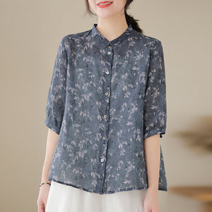 Áo sơ mi linen ngắn tay cổ đứng một khuy tròn in retro - NU8480