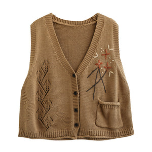 Áo khoác gile len đan cổ V một túi móc hoa lá - NU7750
