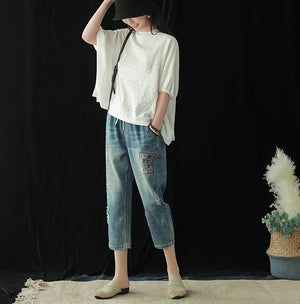 Quần baggy denim lưng thun dây rút thêu họa tiết cổ - NU6810