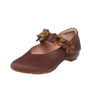 Giày da retro đế bệt quai đính hoa thủ công khắc mạng nhện - NU5637
