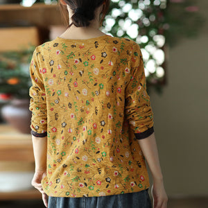 Áo T-shirt dệt kim dài tay cổ V in hoa lá - NU7764