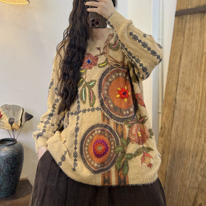 Áo len cashmere dài tay cổ tròn form rộng móc hoa màu sắc - NU7795