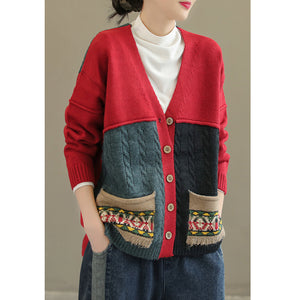 Áo khoác len dài tay hai cổ V túi vuông mảng màu đối xứng - NU7844