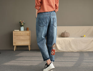 Quần baggy denim lưng thun thêu cô gái bên giỏ hoa - NU7429