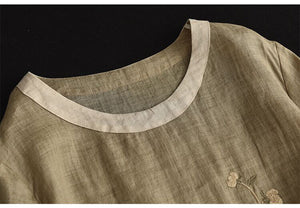 Áo T-shirt linen ngắn tay cổ tròn thêu hoa lá gợn sóng - NU8528