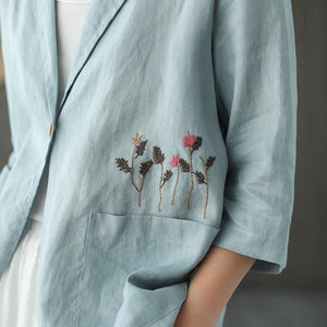 Áo khoác vest linen ngắn tay hai túi thêu nhành hoa - NU7190