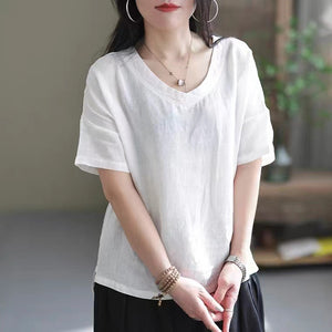 Áo sơ mi linen ngắn tay cổ V một màu - NU6925