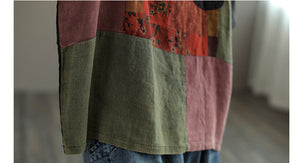 Áo T-shirt linen ngắn tay cổ tròn mảng màu chắp vá - NU7464