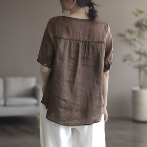 Áo T-shirt linen ngắn tay cổ V thêu hình học đối xứng - NU7330