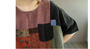 Áo T-shirt linen ngắn tay cổ tròn mảng màu chắp vá - NU7464