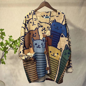 Áo khoác len cardigan dài tay cổ V in những chú mèo - NU8121