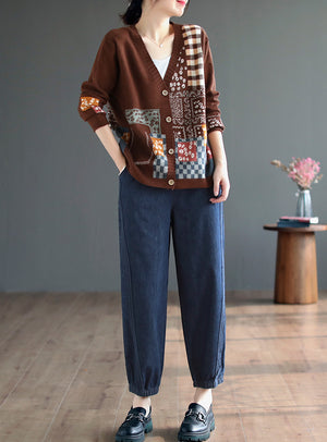 Áo khoác len cashmere dài tay cổ V hoa văn trừu tượng - NU7722