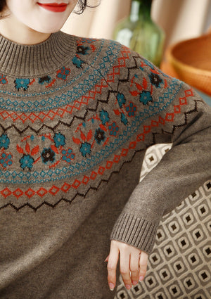 Áo len đan dài tay cổ lọ hoa văn retro trước ngực - NU8182