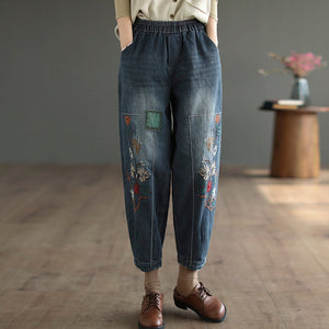 Quần baggy denim lưng thun thêu hoa lá đối xứng chắp vá - NU8230