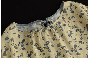 Áo T-shirt linen ngắn tay cổ tròn thắt nơ sau in hoa lá - NU7406