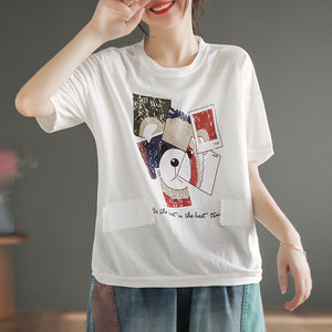 Áo T-shirt linen dệt kim ngắn tay cổ tròn in mặt chú gấu - NU8537