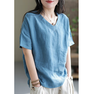 Áo sơ mi linen ngắn tay cổ V một màu - NU6925