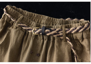 Chân váy linen lưng thun hai hàng khuy kèm thắt lưng - NU5994